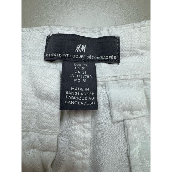 H&M Womens White Linen Blend Tapered Trouser Pants Sz 31 Resort Tropical Beach - Picture 9 of 14